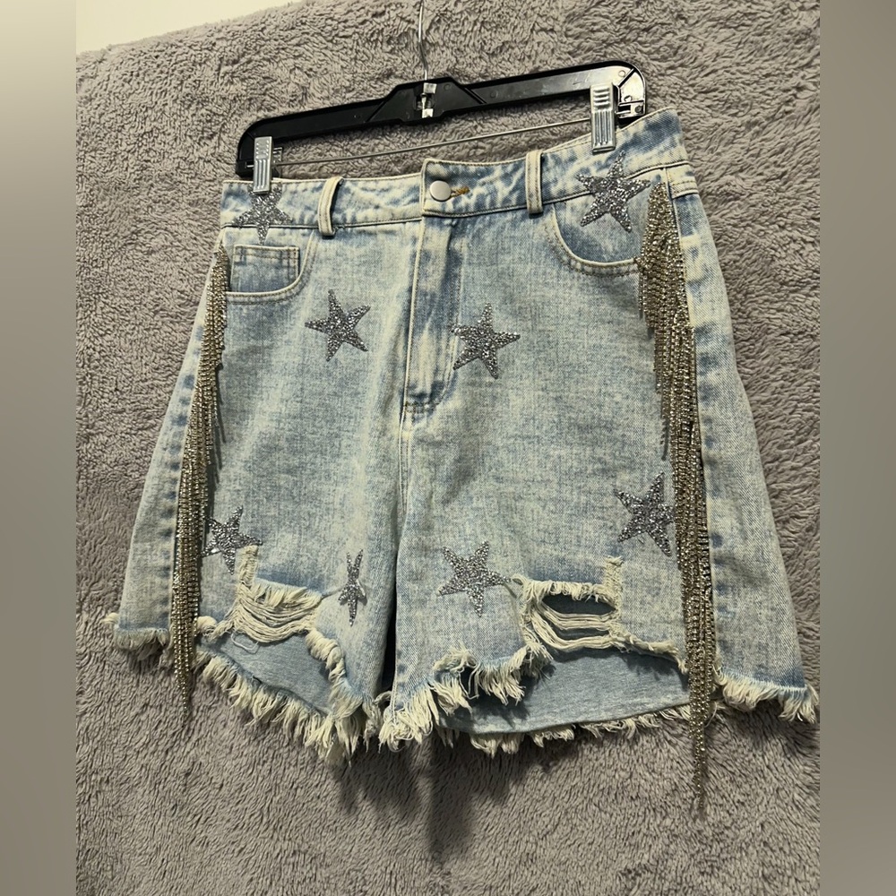 Blue B Denim Shorts Womens Large Fringe Rhinestone Cut Off Stars High Rise Jean - Picture 11 of 11